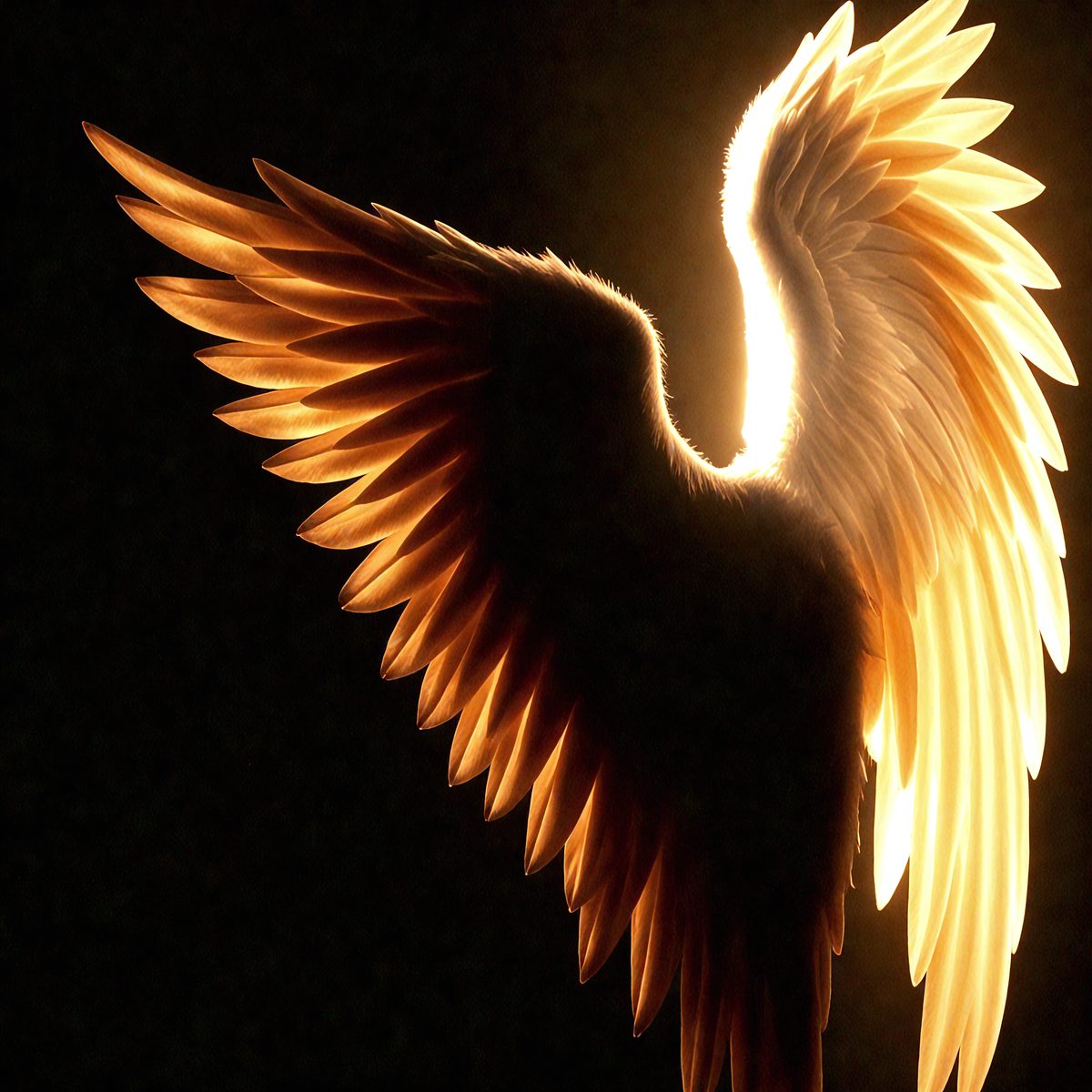 The primary subject of the image is a large, glowing angel wing. The wing is illuminated by a bright light, giving it a warm and ethereal appearance. The setting is a dark background, which further emphasizes the wing's glowing presence. The visual style of the image is a combination of photo and digital art, creating a striking and captivating scene. The colors and mood of the image are predominantly warm and inviting, with the glowing wing serving as the focal